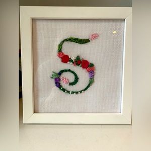 Needlepointed and Ribboned S monogram, framed artwork
